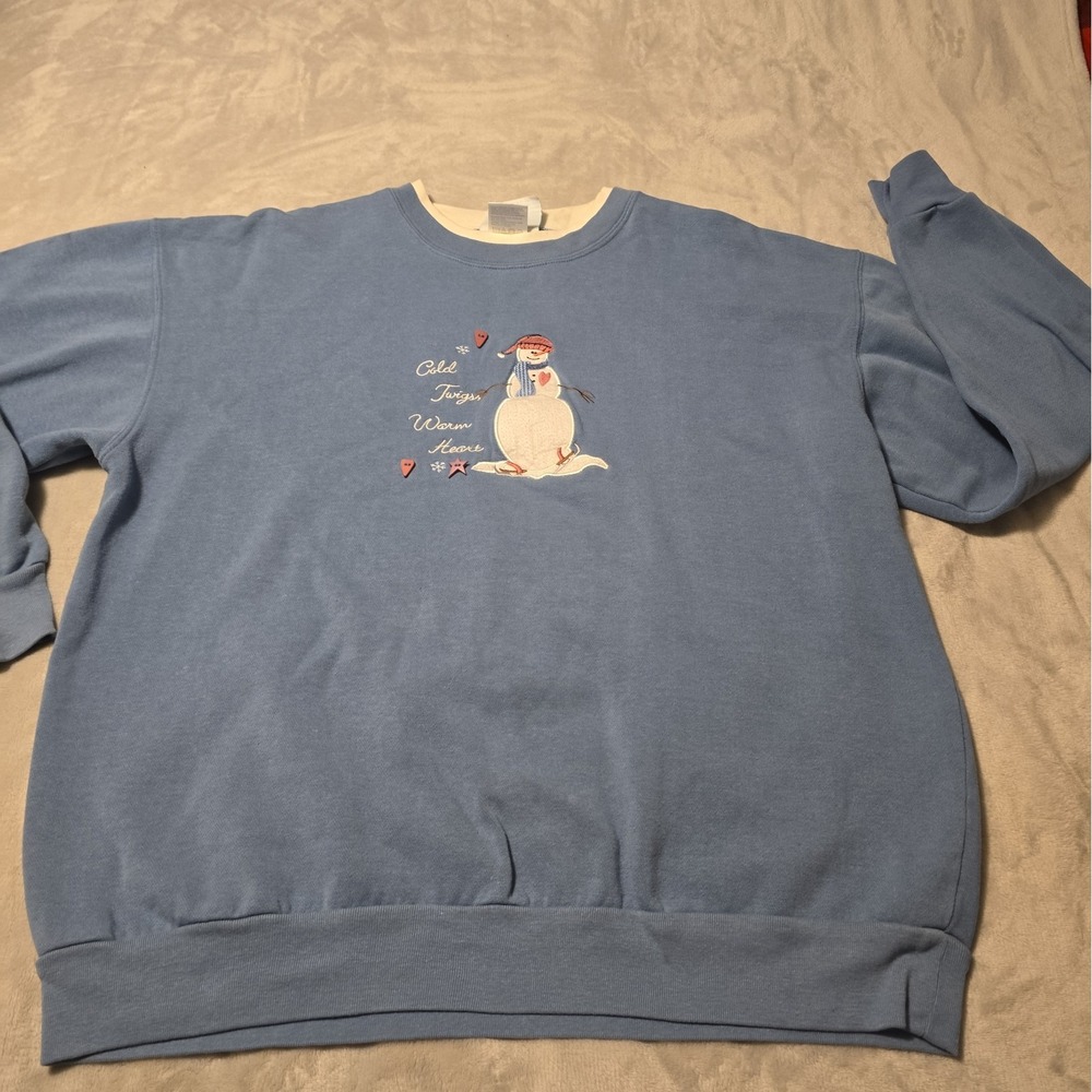 Vintage Snowman Grandmacore Sweatshirt Blue Button Embellished Cottage L Granny